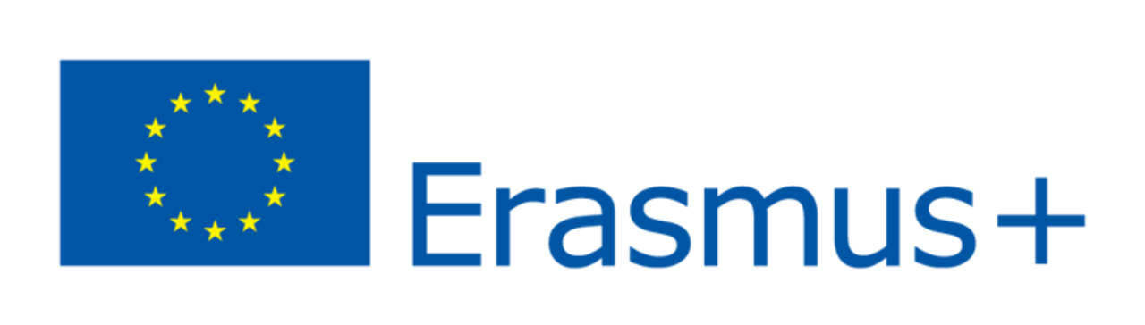 Erasmus+ sin logo som er eit blått flagg med gule stjerner i ein sirkel