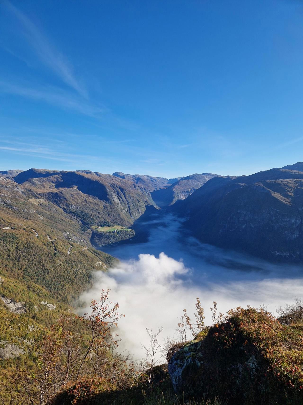 Tåka ligg som eit lokk med fjell og blå himmel over