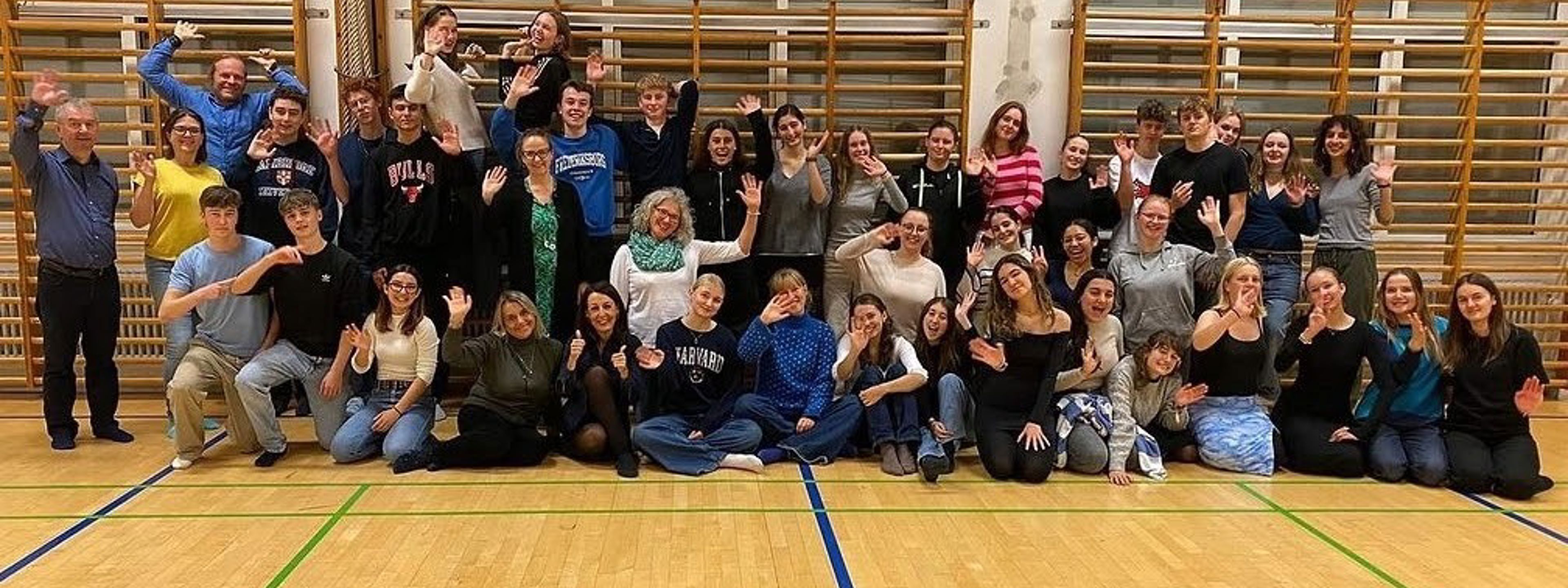 Elever og lærere fra Danmark, Italia, Tyskland, Baskerland og Norge står oppstilt i ein gymsal
