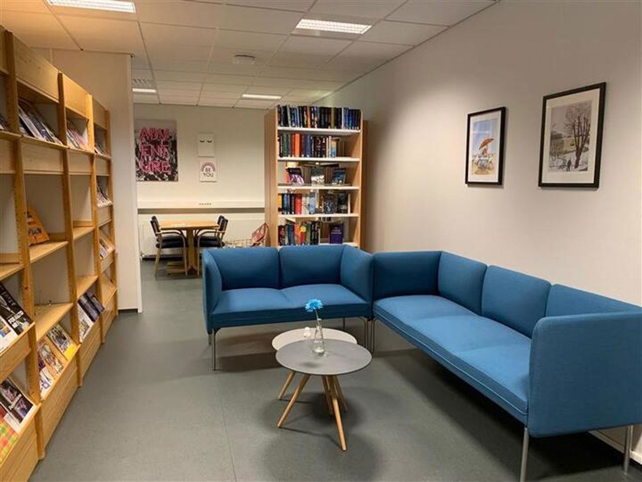 Ein blå sofa og bokhyller på biblioteket