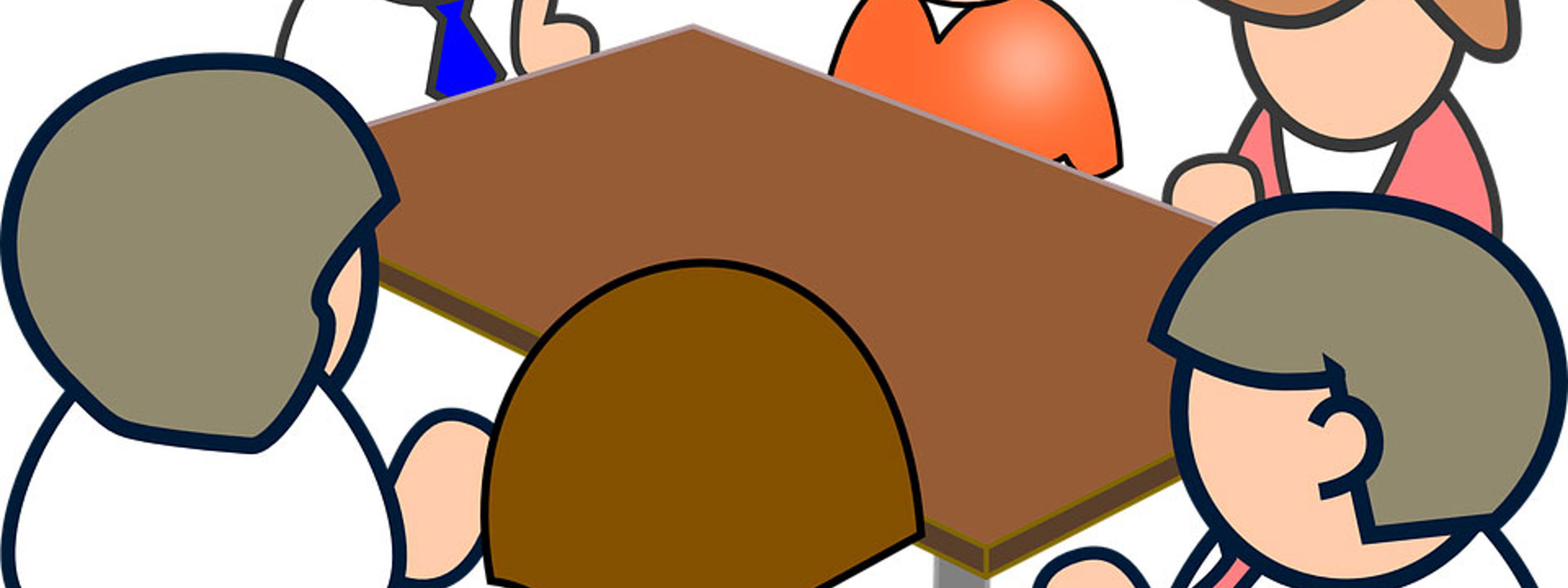 Illustrasjon av 6 personar rundt eit møtebord